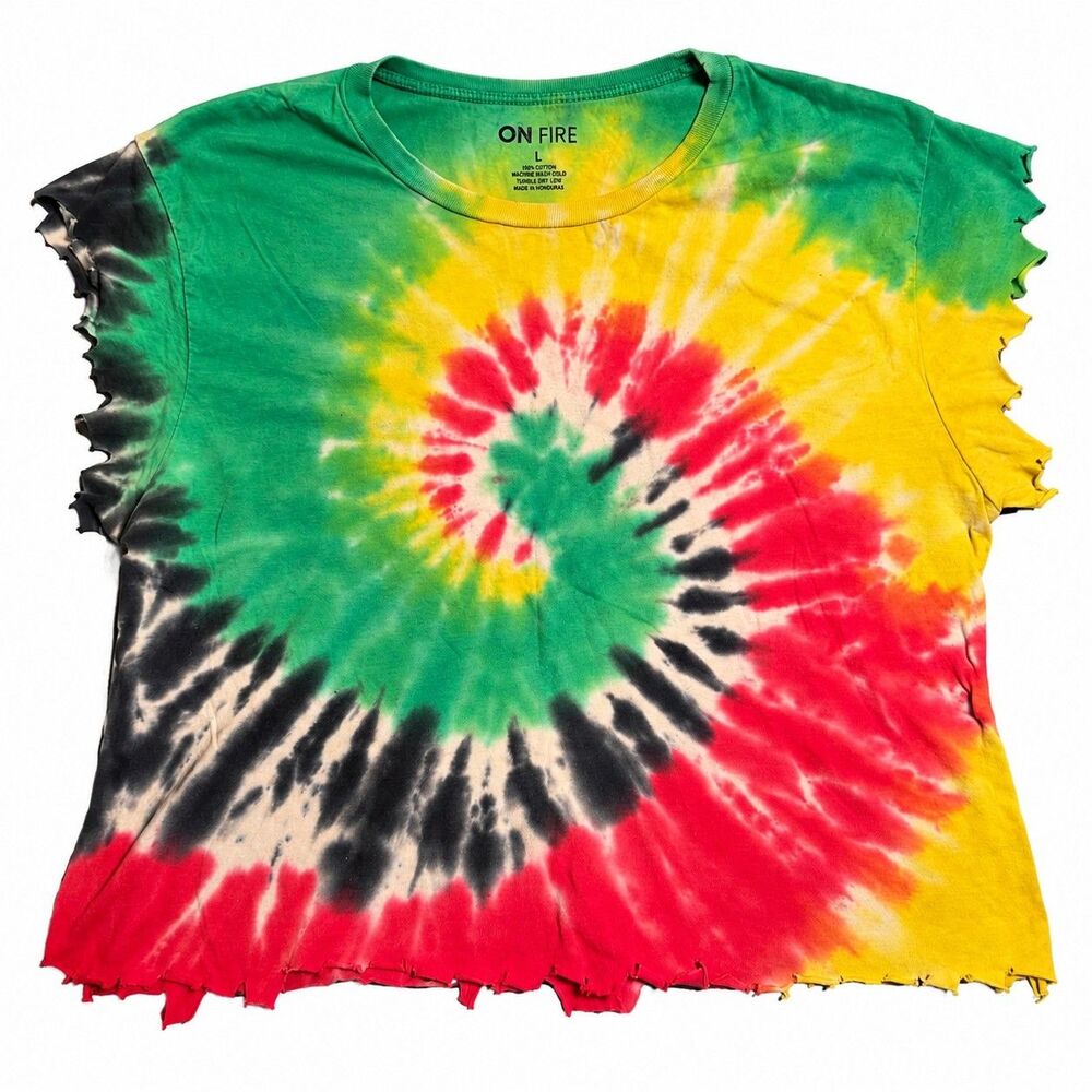 Tie Dye Distressed T-Shirt Large Rainbow Spiral Raw Hem Festival Grunge